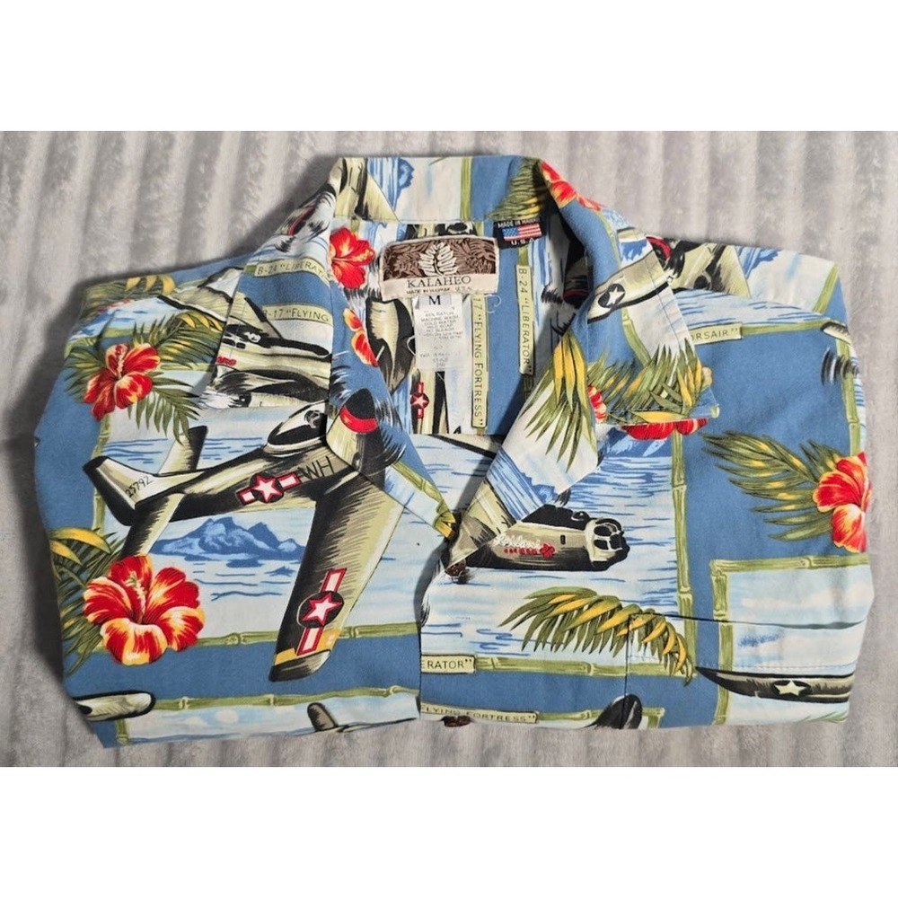 VTG Kalaheo Shirt Mens M Hawaiian Aloha Made in Hawaii USA Warbird Print Camp671 - Picture 8 of 8
